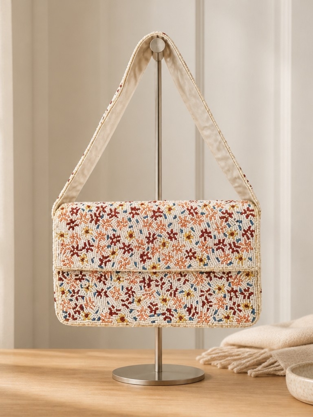 Handmade Beaded Shoulder Bag Boho Floral Seeded Purse Cream & Multicolor